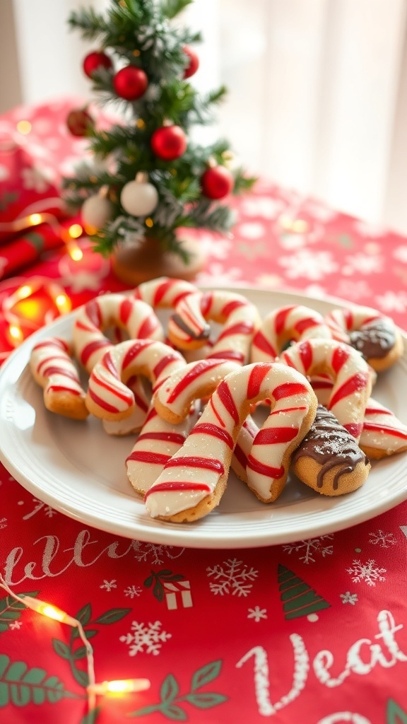 A plate of candy cane cookies decorated with crushed candy canes and chocolate, set on a festive table.